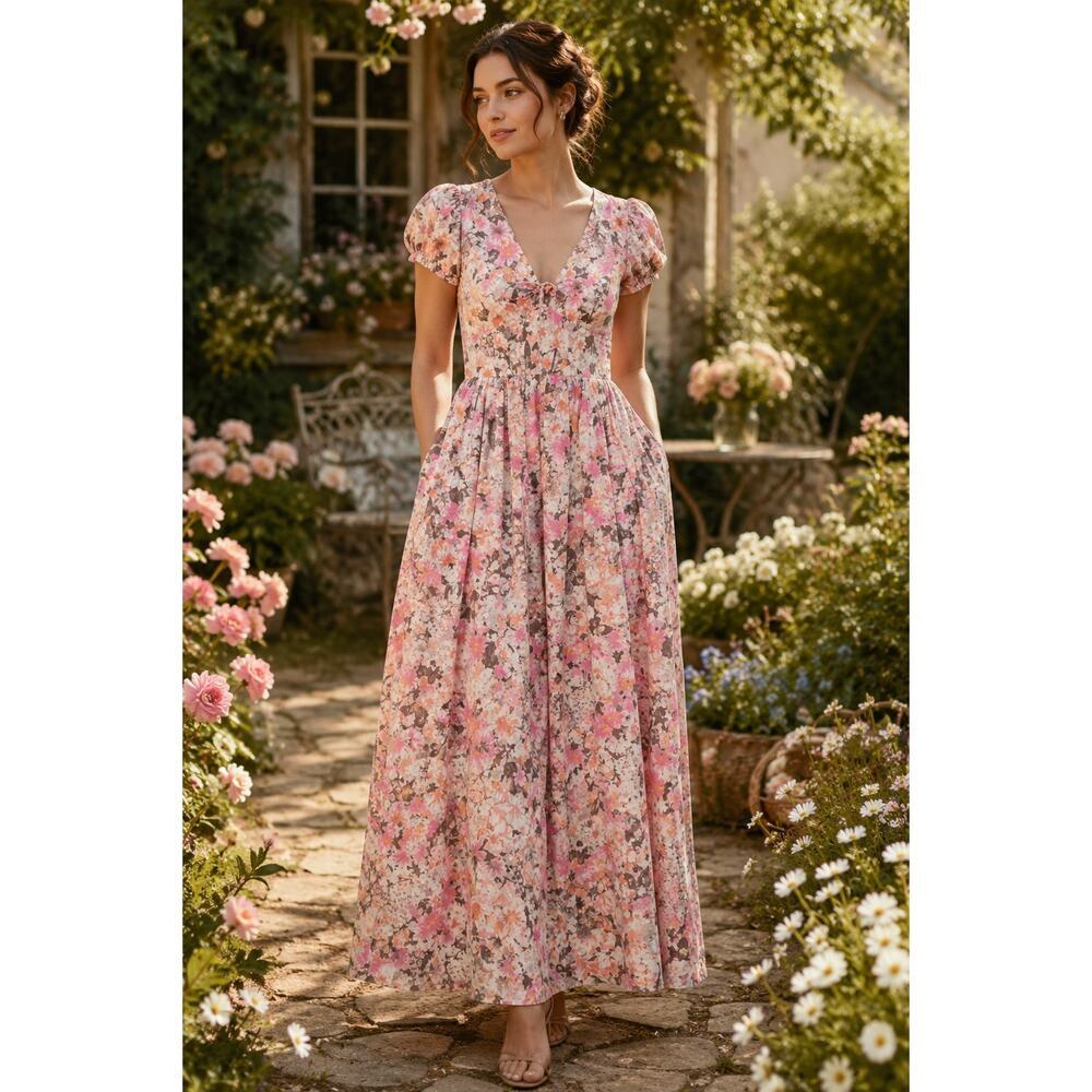 NWT Avec Les Filles Floral Linen Blend Maxi Dress 12 Cottagecore Garden Party